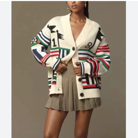 Anthropologie Maeve Golf Themed Oversized Cardigan Sweater Button Front Size XS - Picture 2 of 14